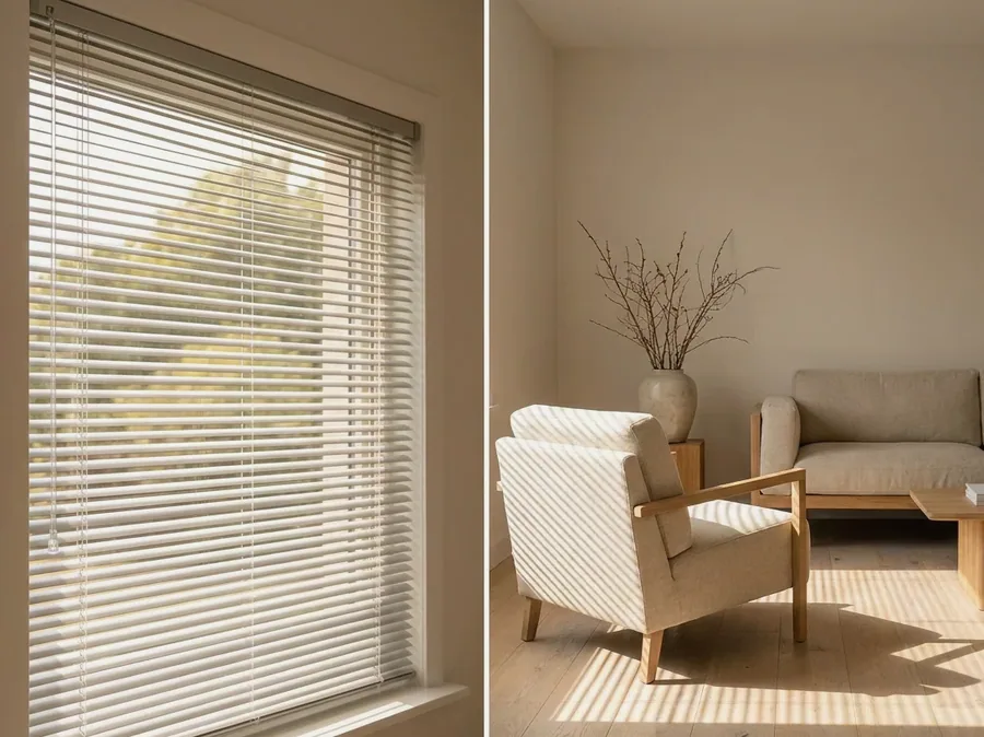 Aluminium venetian blind slats filtering sunlight in a Waterkloof living room