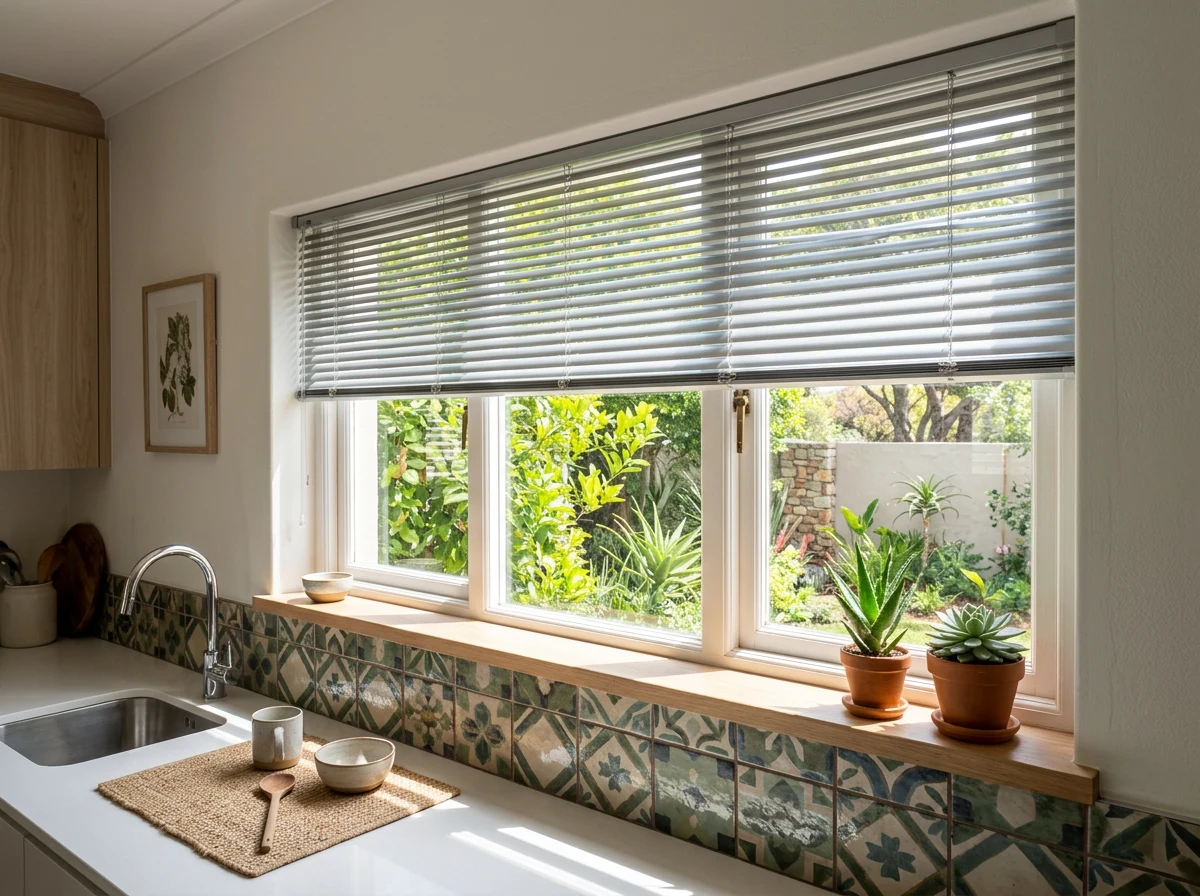 Aluminium venetian blind slats above a kitchen splashback window