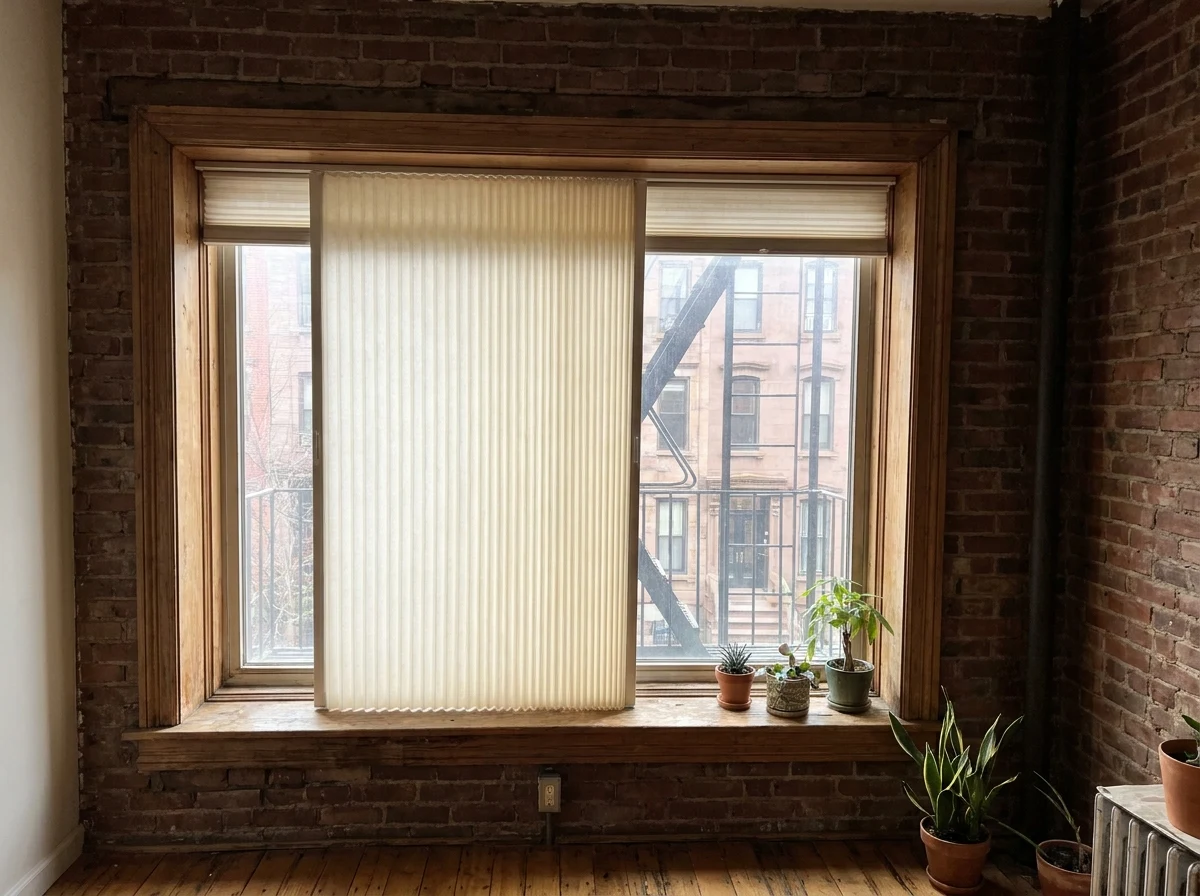 A cellular honeycomb blind fitted to an apartment window in Brooklyn