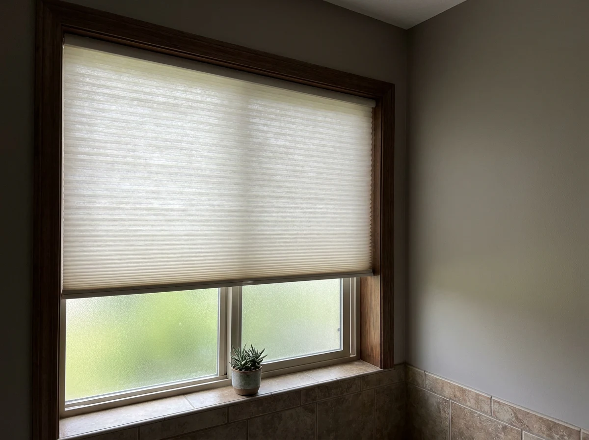 A cellular honeycomb blind fitted to a small bathroom window in Hazelwood