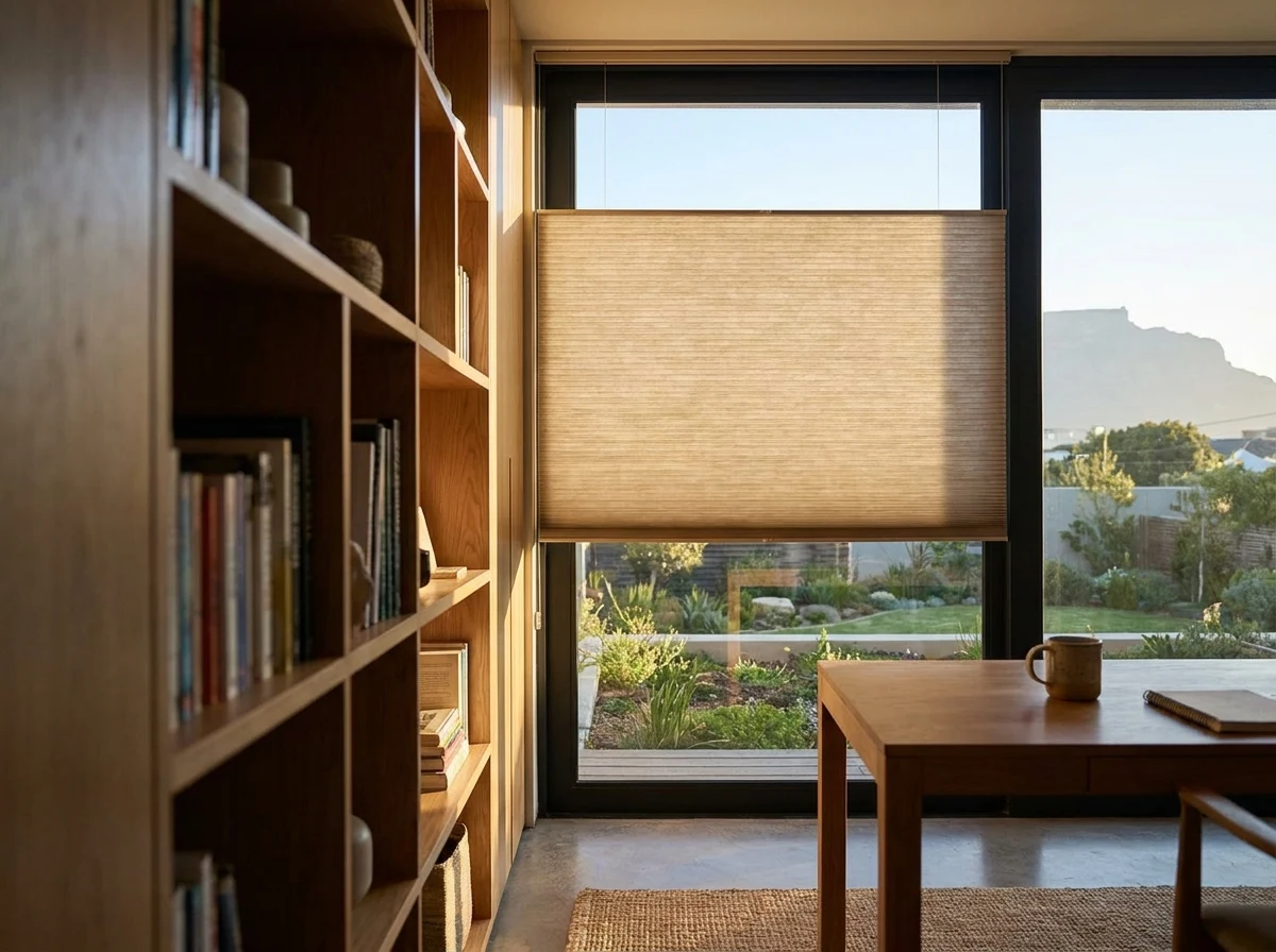 A honeycomb cellular blind half-raised in a home study