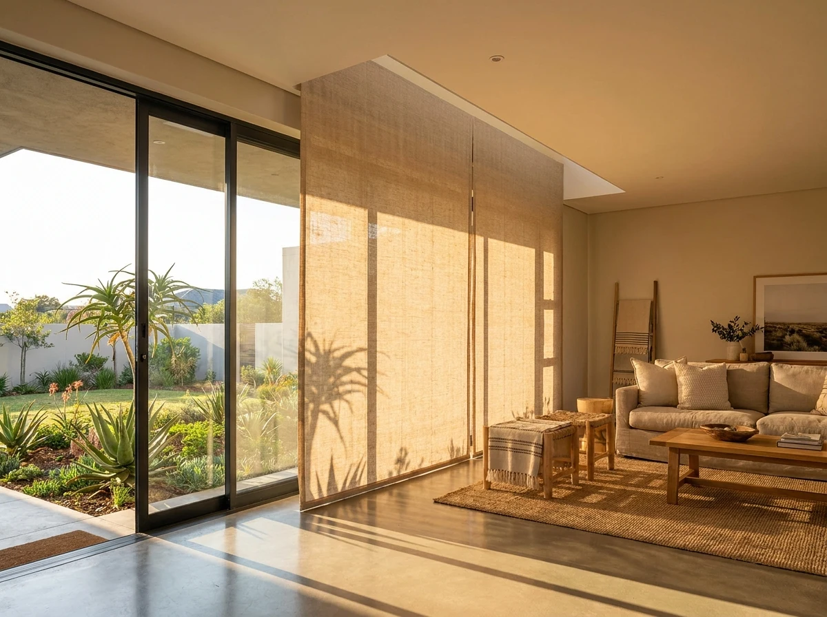 A concealed ceiling blind box above a family room glass wall