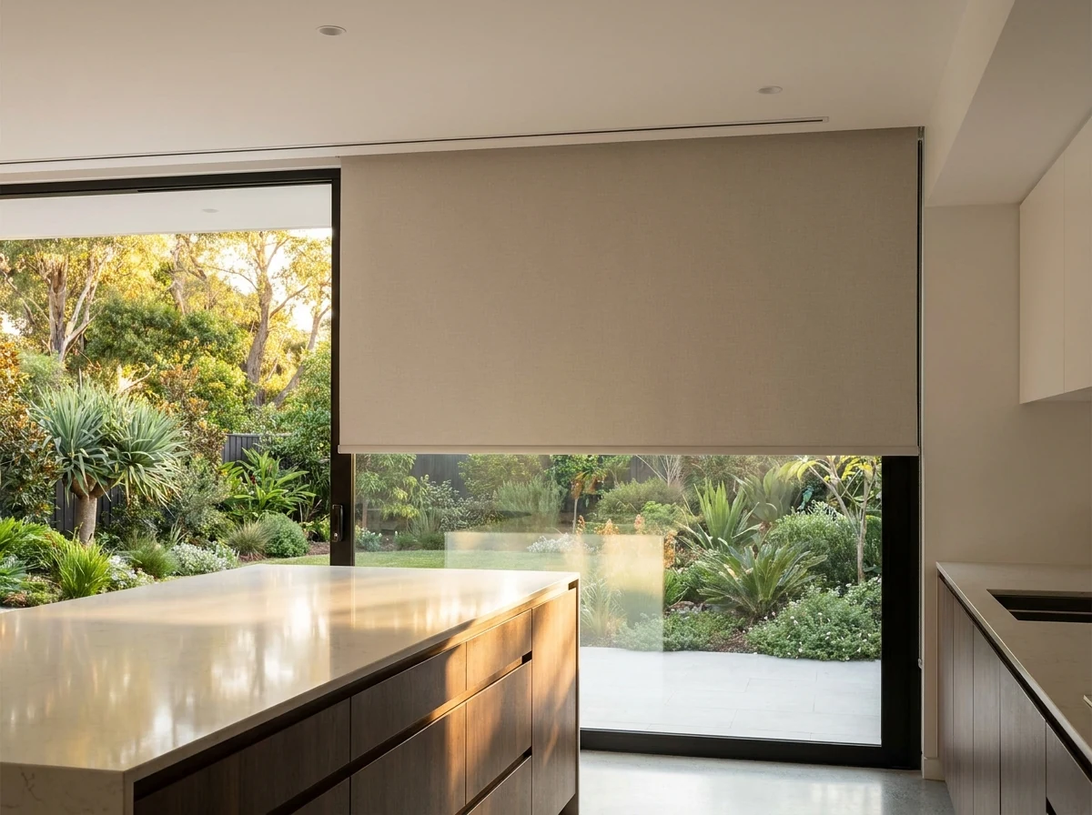 A concealed blind box fitted above a kitchen window