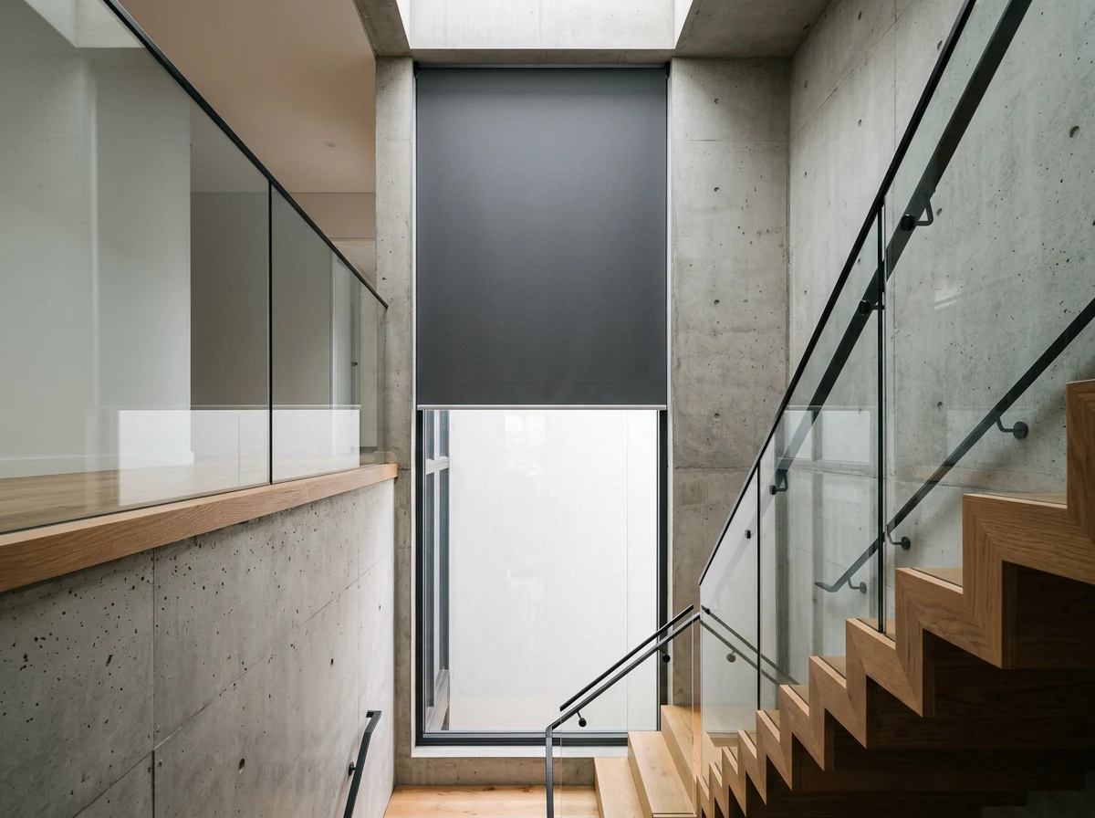 A concealed blind box fitted above a stairwell window
