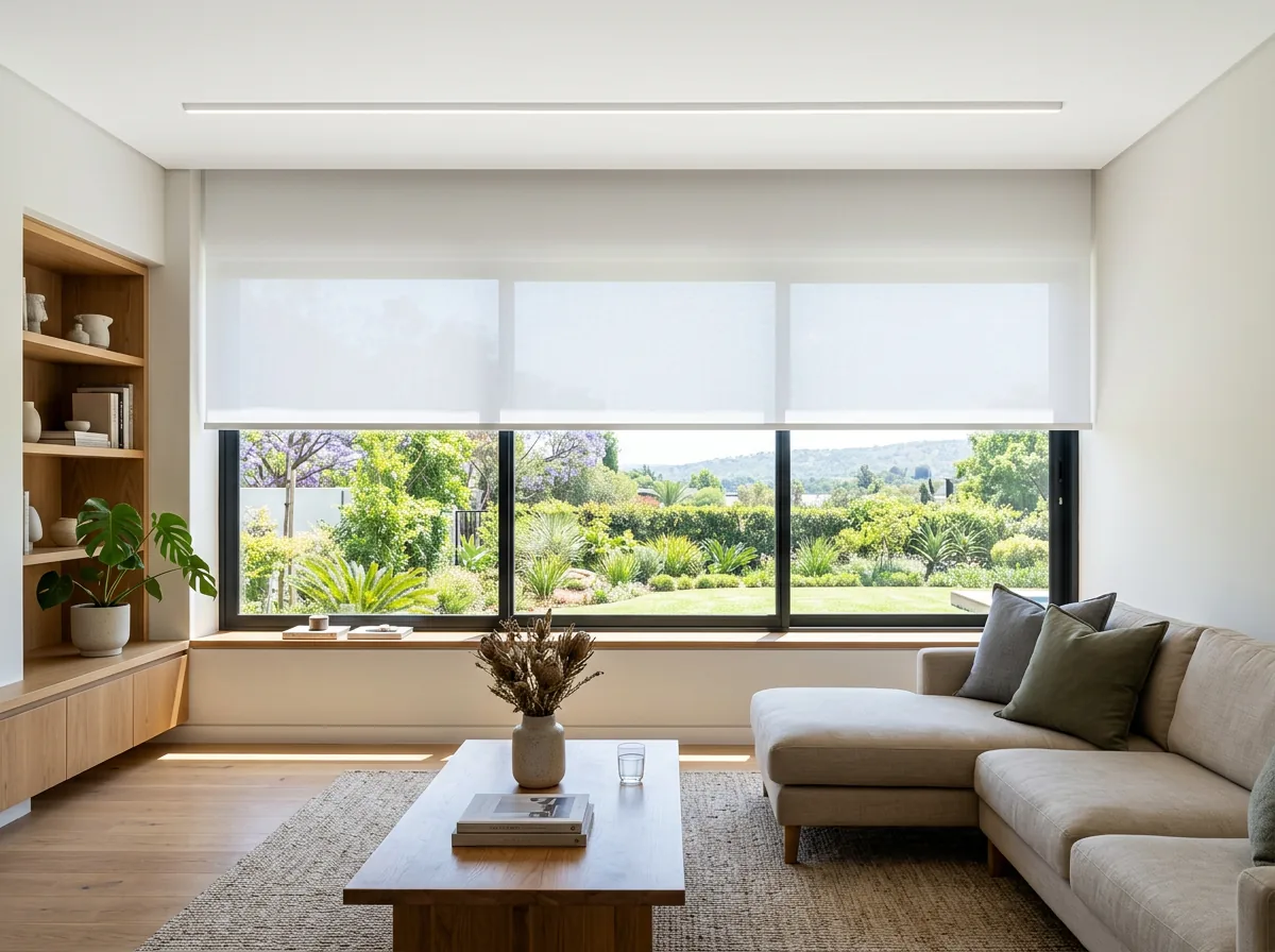 A blind dropping from a concealed ceiling slot with no visible hardware, above a wide window in a Waterkloof family room