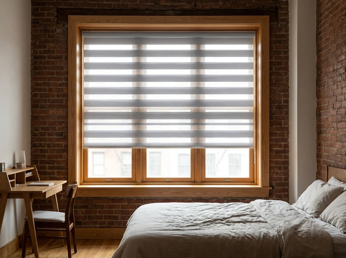 A day-night blind with alternating bands in a Brooklyn apartment bedroom