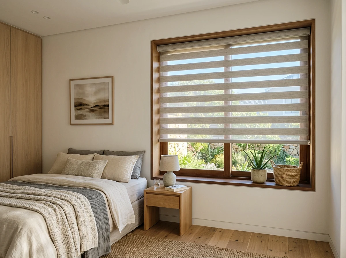 A day-night blind fitted in a guest bedroom window