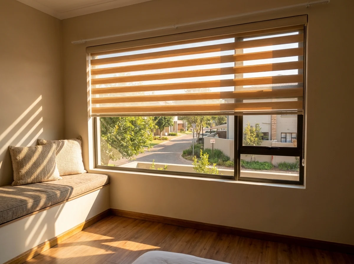 A day-night blind fitted in a Hazelwood townhouse bedroom