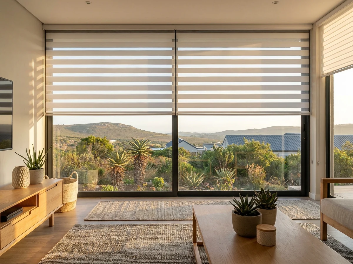 A day-night blind with sheer bands open in a living room