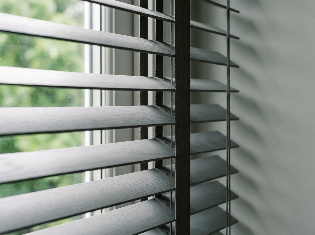 Close-up of 50mm timber venetian slats tilted against the light