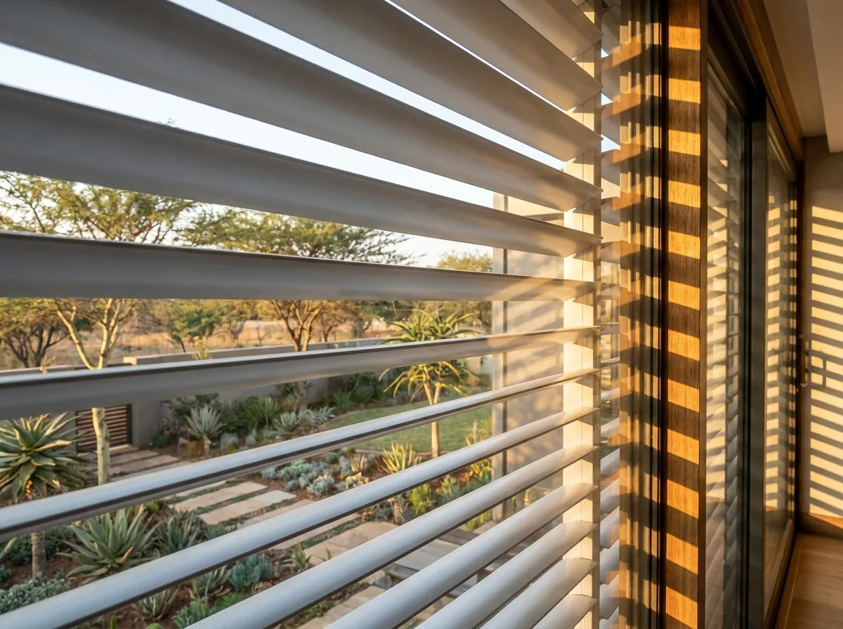 Close-up detail of external venetian blind slats mounted outside a Waterkloof window, low afternoon sun angling through the tilted aluminium
