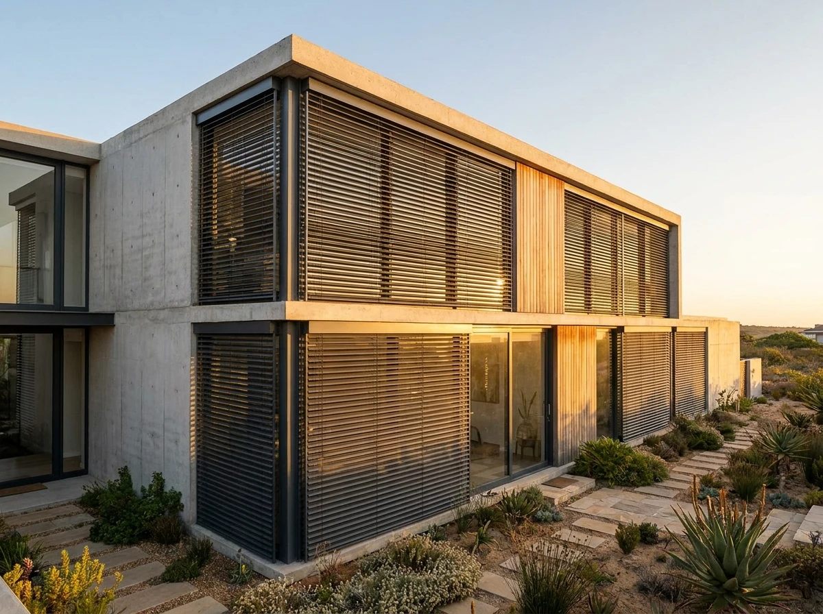 External venetian blind slats mounted on an architectural facade