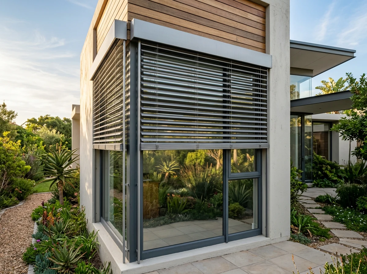 External venetian blind slats mounted outside a study window