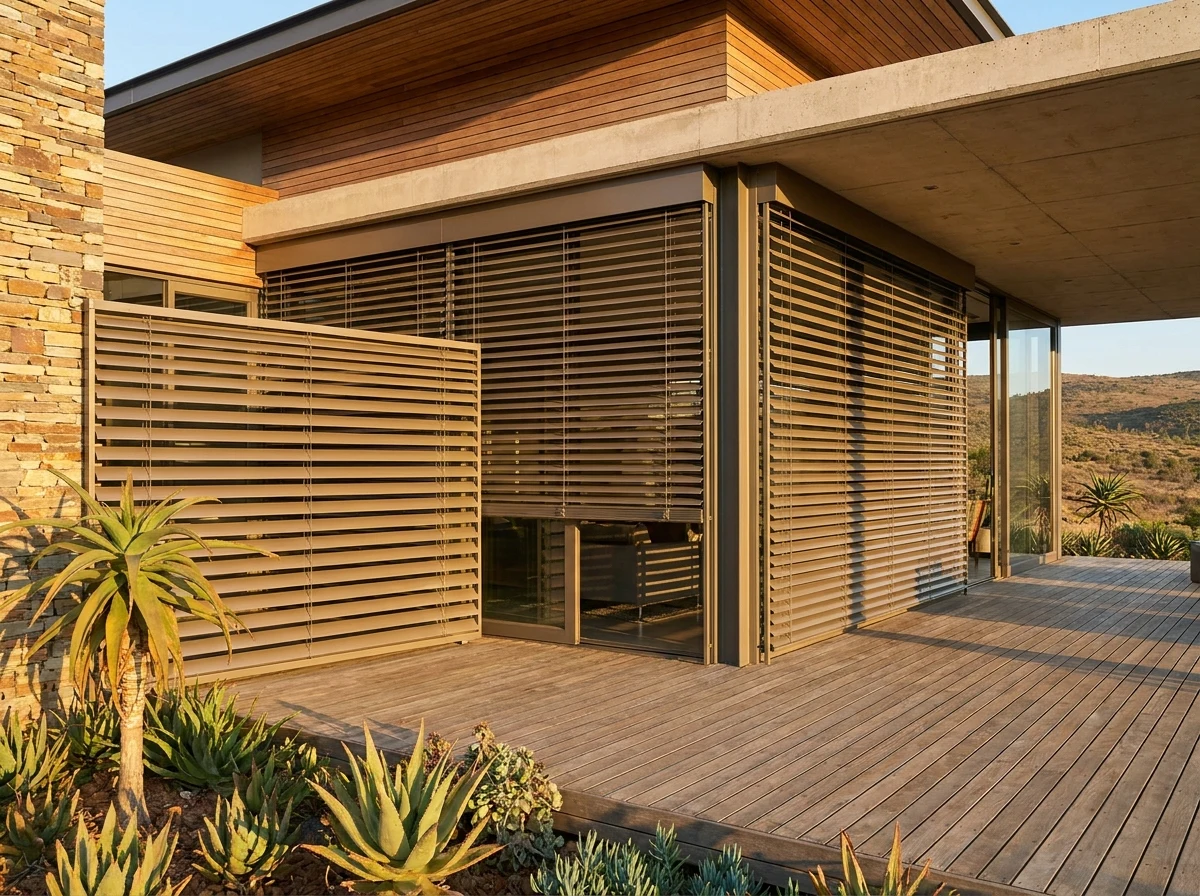 External venetian blind slats mounted above a terrace door