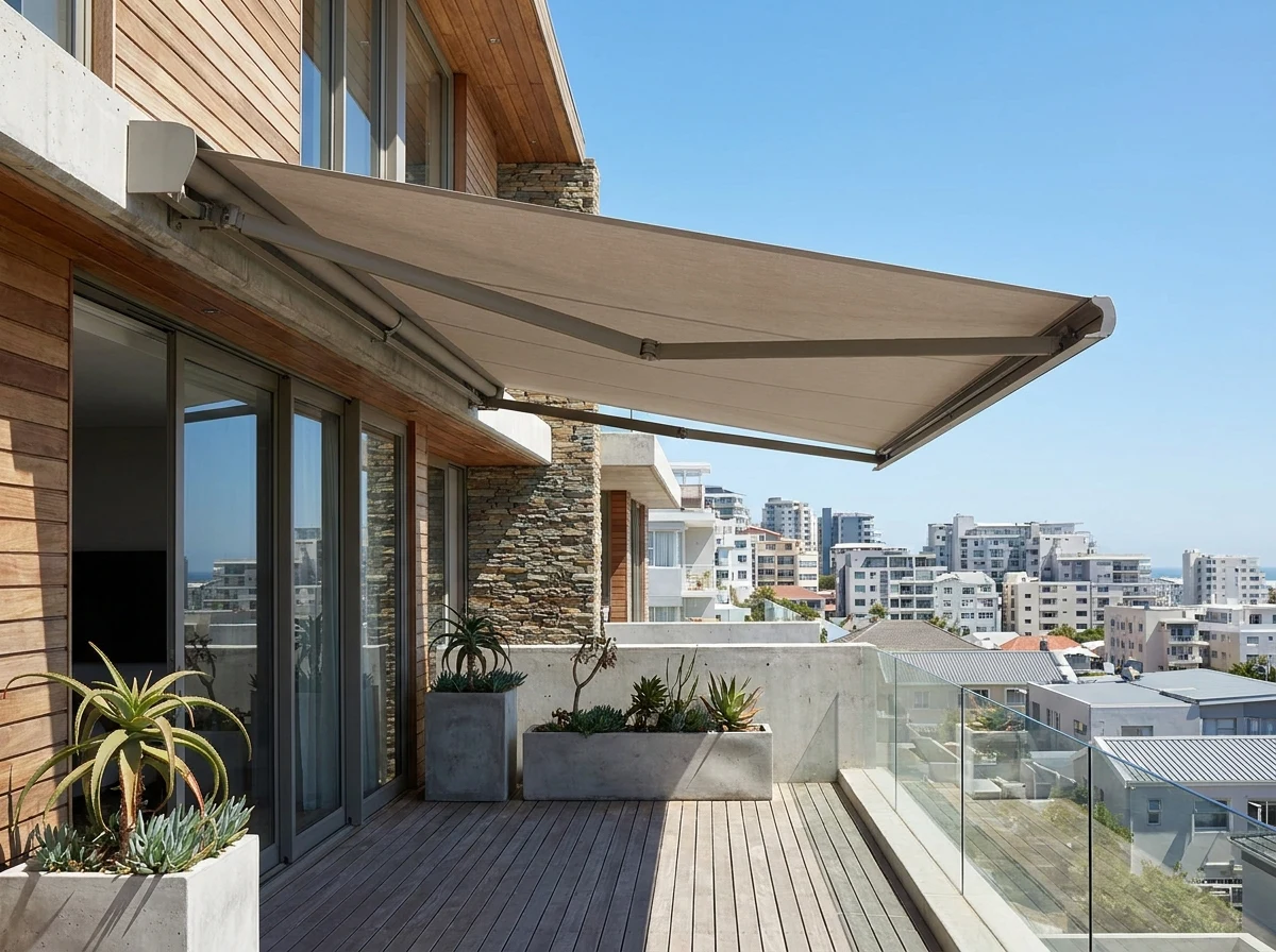 A folding-arm awning extended over an upstairs balcony