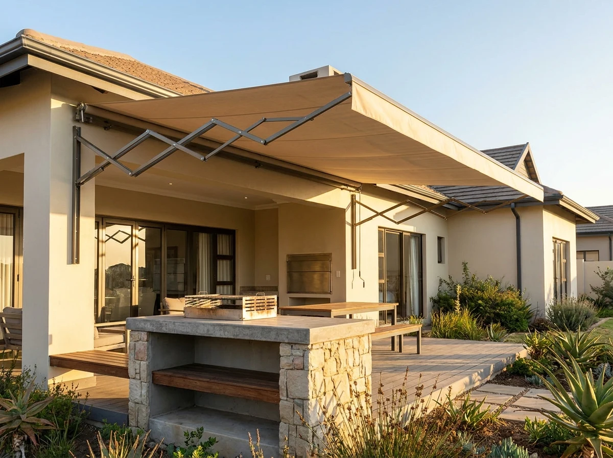 A folding-arm awning extended over a braai entertainment area