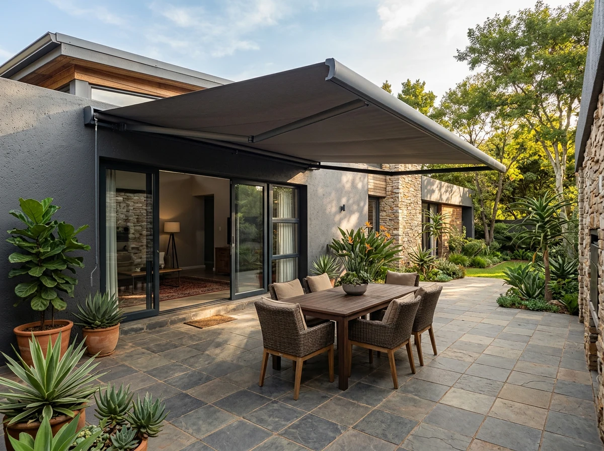 A folding-arm awning extended over a courtyard