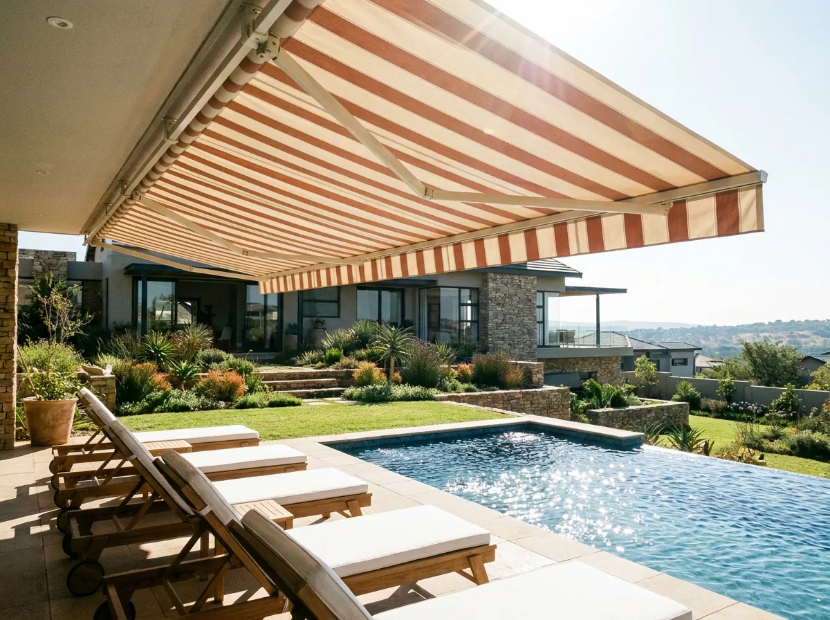 Folding-arm awning extended over loungers beside a Waterkloof pool, dappled midday shade