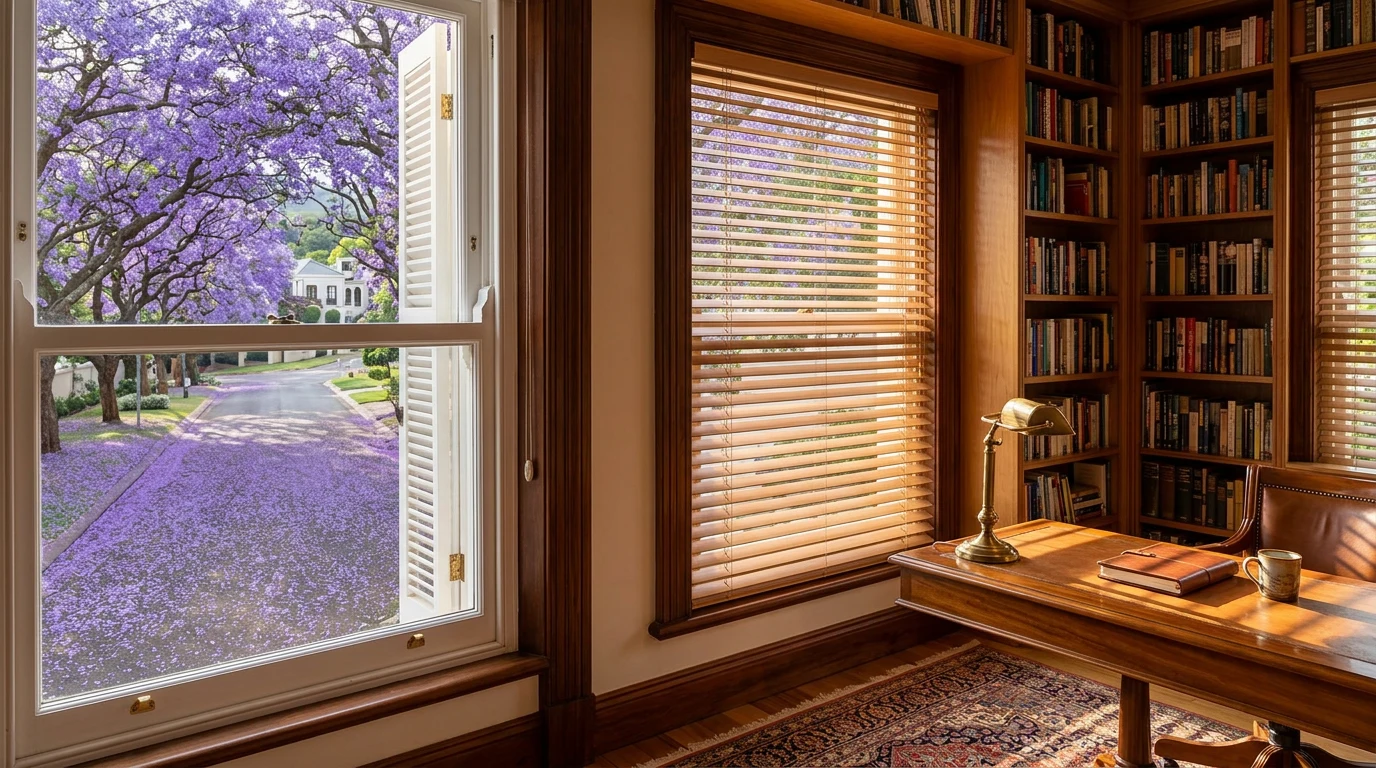 A grand hilltop Waterkloof home in October, jacaranda blossoms carpeting the street beneath the canopy, a tall sash window fitted with warm timber venetian blinds tilted half-open over a book-lined study