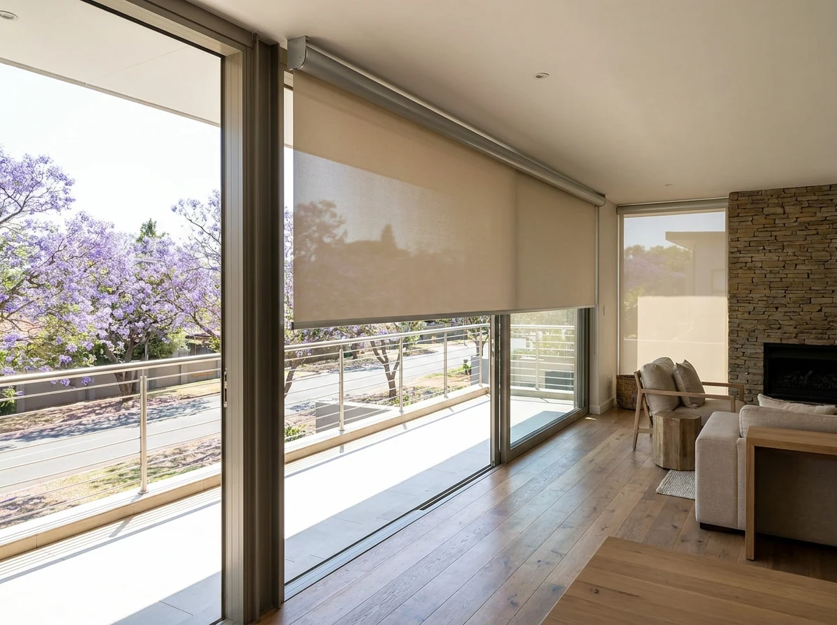 Interior view from a Waterkloof hilltop lounge with floor-to-ceiling glass doors open onto a jacaranda-lined street, a single smooth flat fabric sunscreen roller blind on a tube partially lowered to soften the strong midday highveld sun