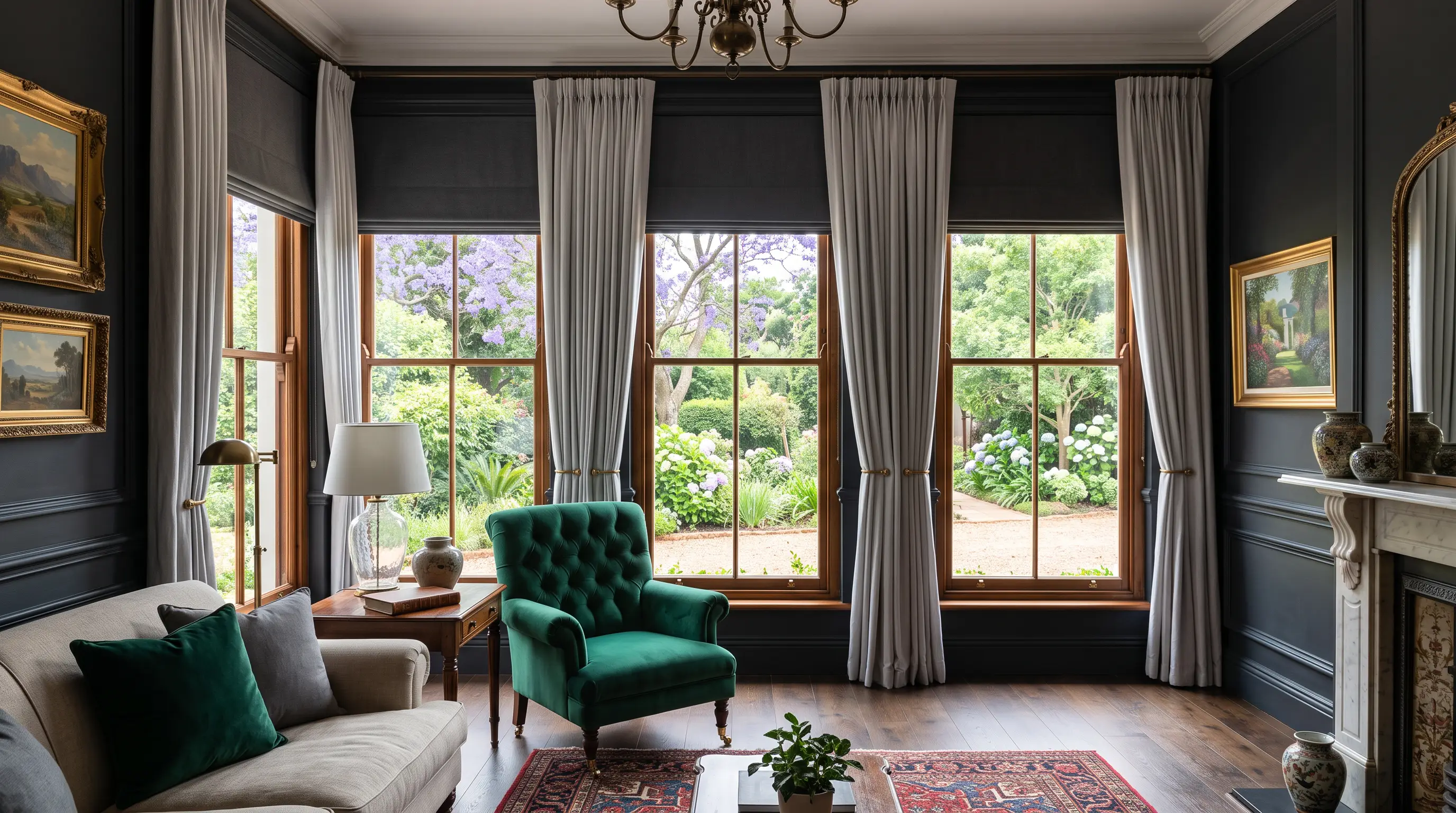 A Waterkloof reception room with tall timber sash windows, blockout roller blinds above them and a jacaranda-lined garden beyond