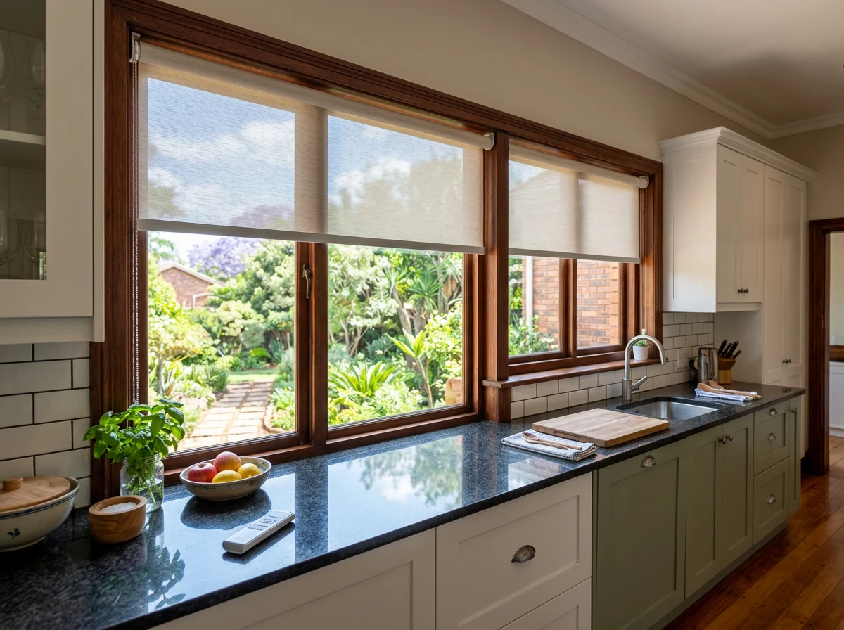 A motorised roller blind with its remote in a Menlo Park kitchen