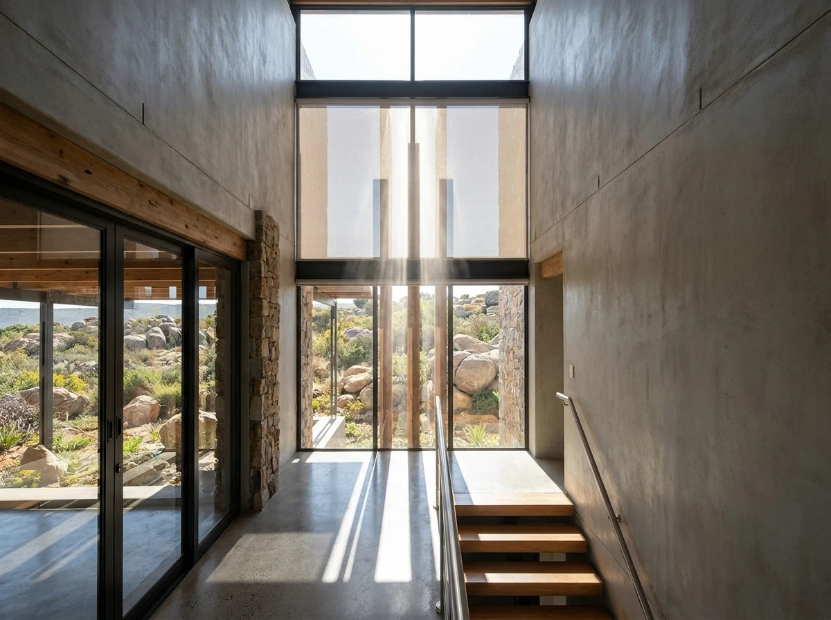 A motorised roller blind fitted high on a double-volume stairwell window