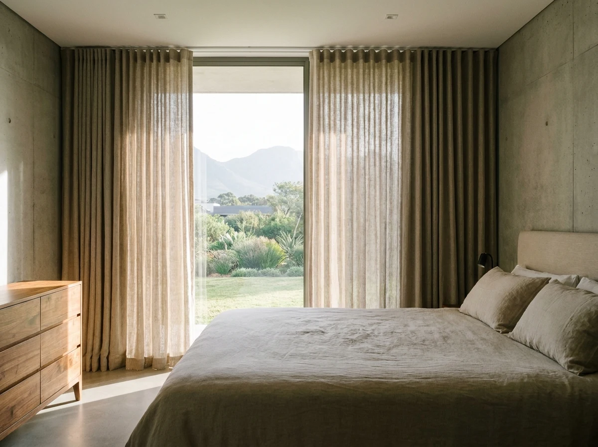 Heavy lined curtains gliding on a motorised track in a main bedroom