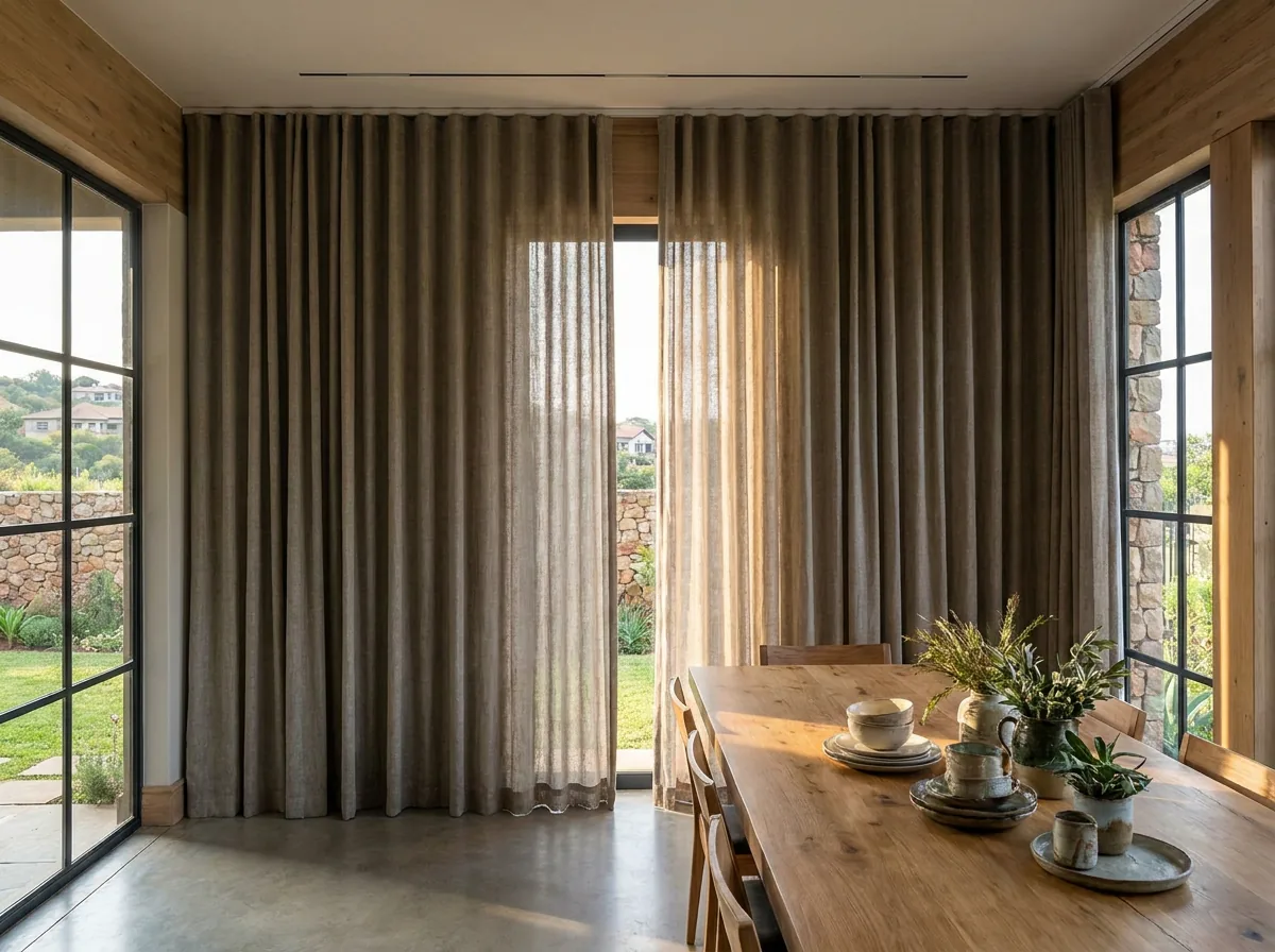 Heavy lined curtains gliding on a slim motorised ceiling track beside a tall window in a Waterkloof dining room