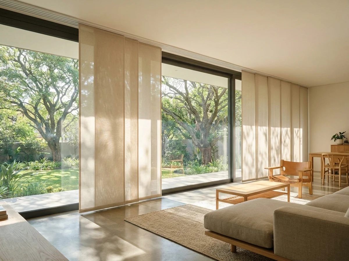 Wide flat fabric panel blinds sliding across a glazed wall in a Menlo Park living space