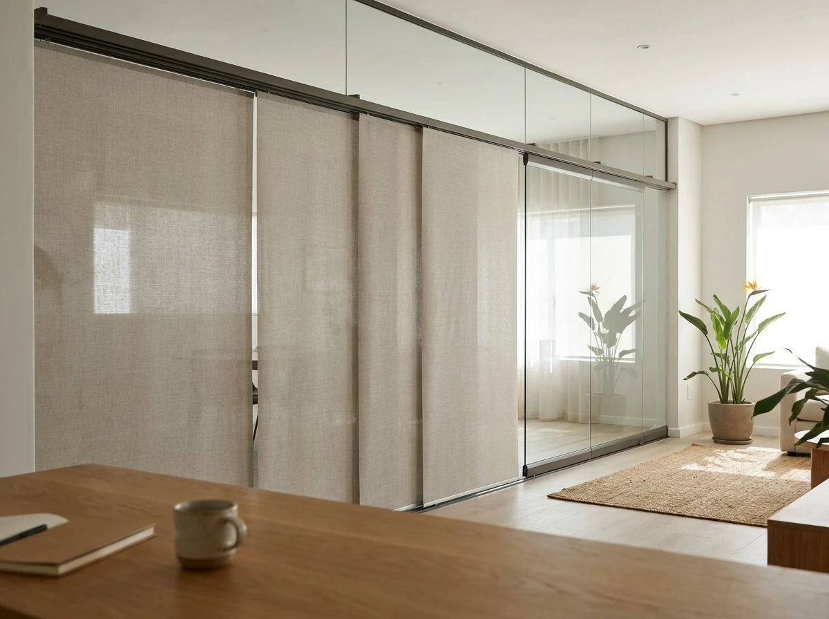 Panel blinds sliding across a home office glass wall