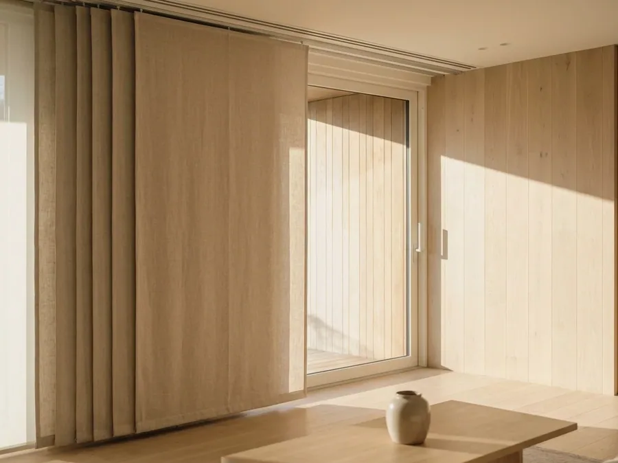 Wide flat fabric panel blinds sliding across a glazed wall in a Waterkloof home