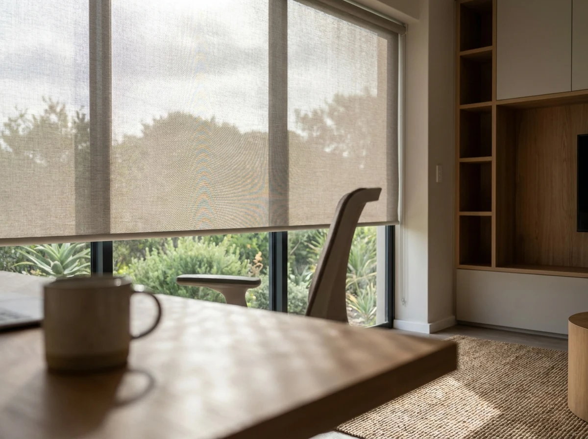 A sunscreen roller blind fitted in a Groenkloof home office window
