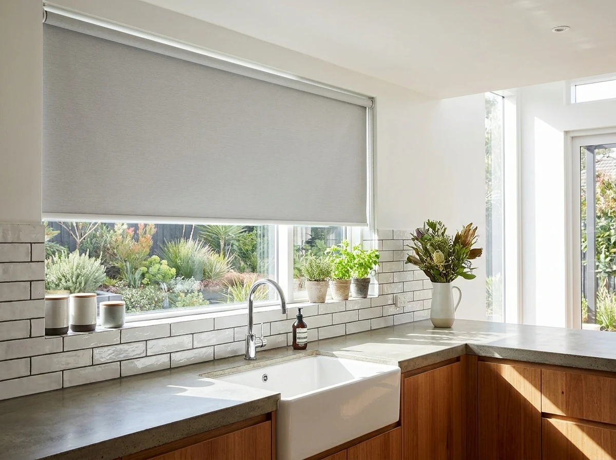 A wipeable blockout roller blind above a kitchen sink window