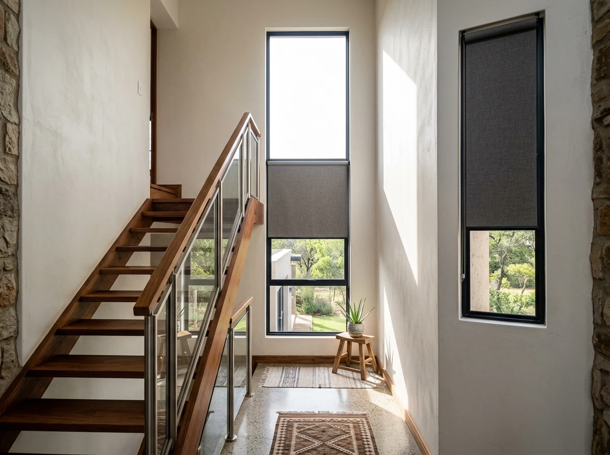 A roller blind half-drawn on a staircase landing window