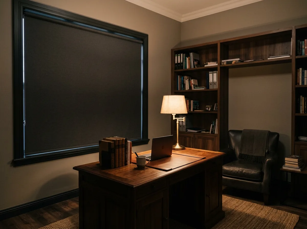Blockout roller blind, a single opaque flat panel on a tube, fully lowered in a Waterkloof Ridge study