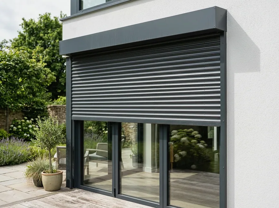 External aluminium roller shutter rolling down from a headbox outside a Waterkloof window