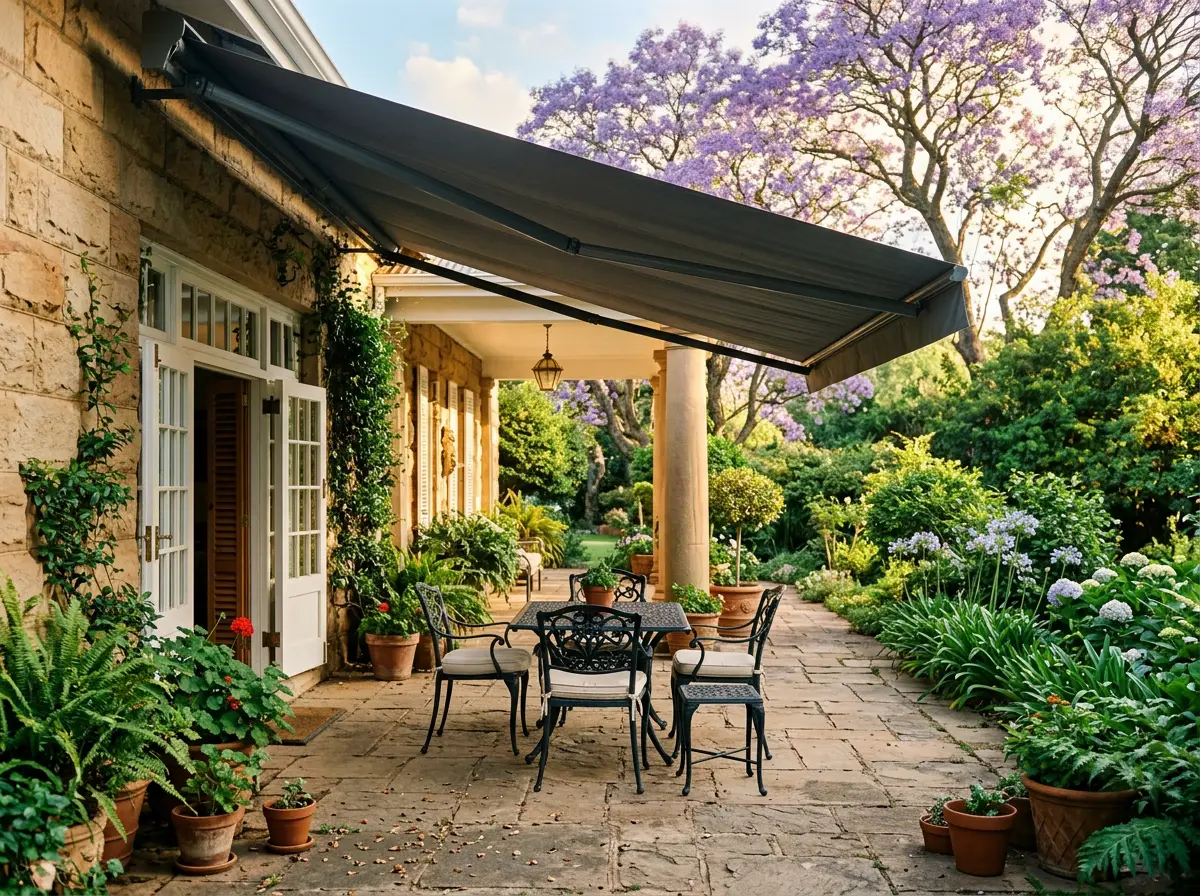 A folding-arm awning extended over a stone terrace at a Waterkloof house