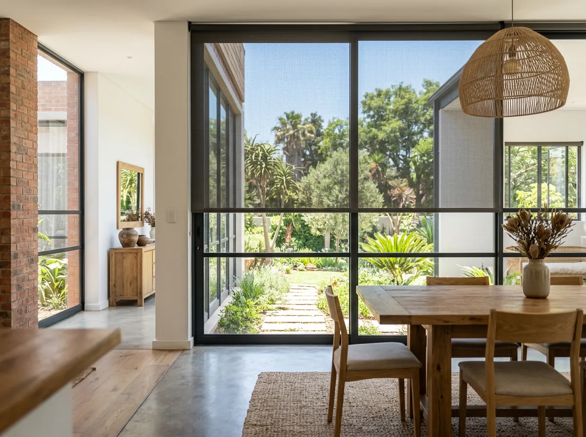 Sunscreen mesh roller blind, an open-weave fabric that keeps the view through it, fitted in a Waterkloof dining room window