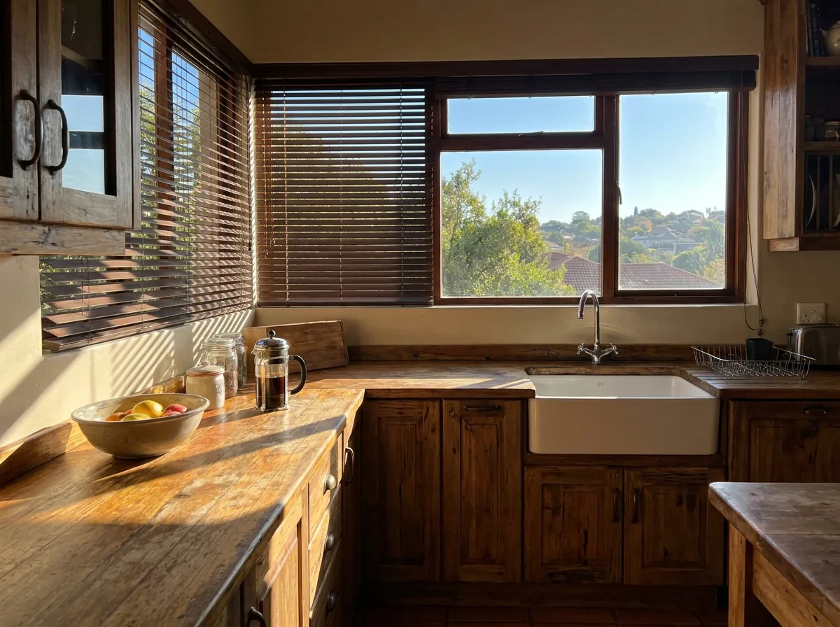 50mm timber venetian blind tilted half-open over a Waterkloof kitchen window, morning light streaking through the slats