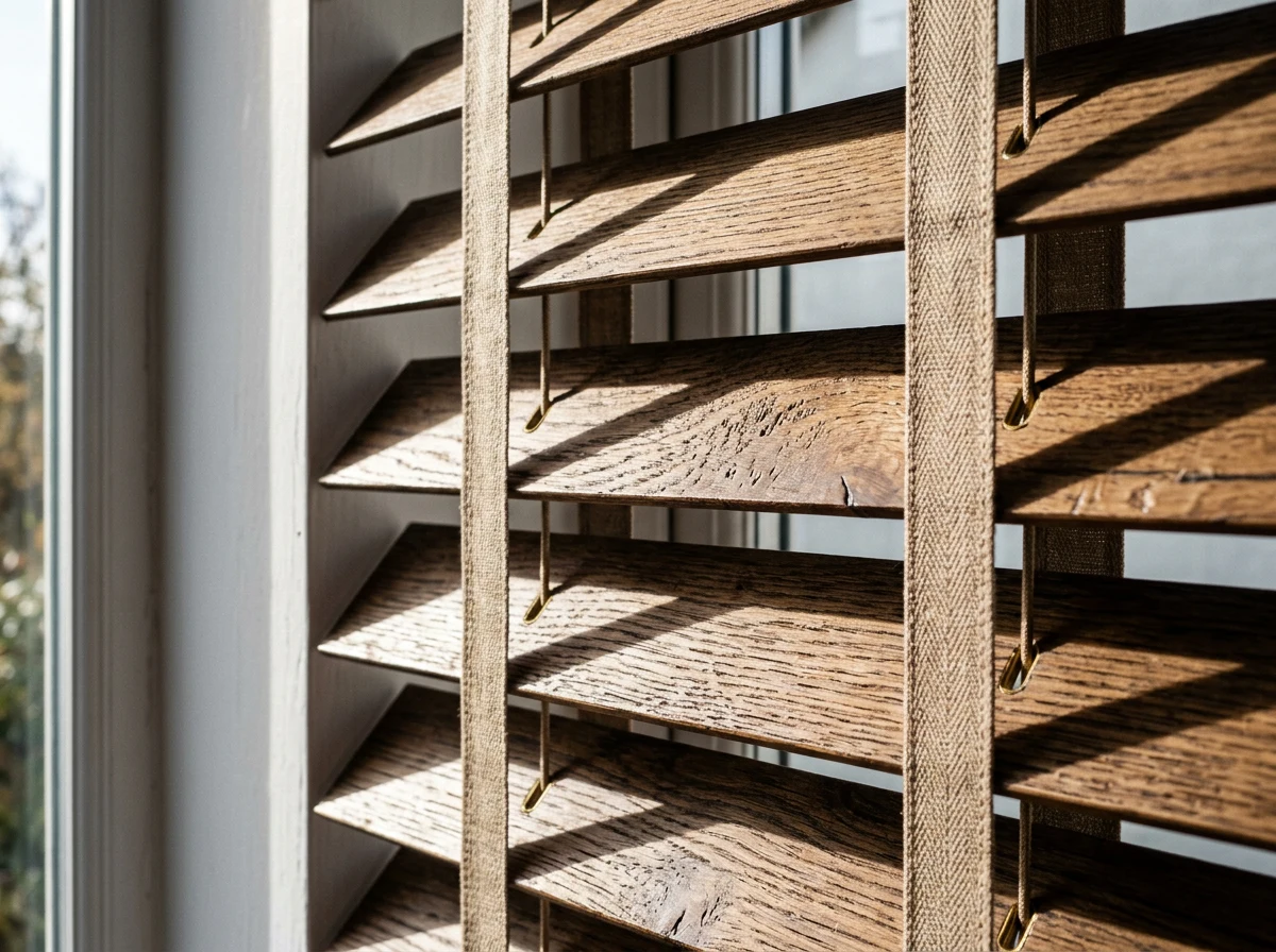 Detail of 50mm timber venetian slats and tapes