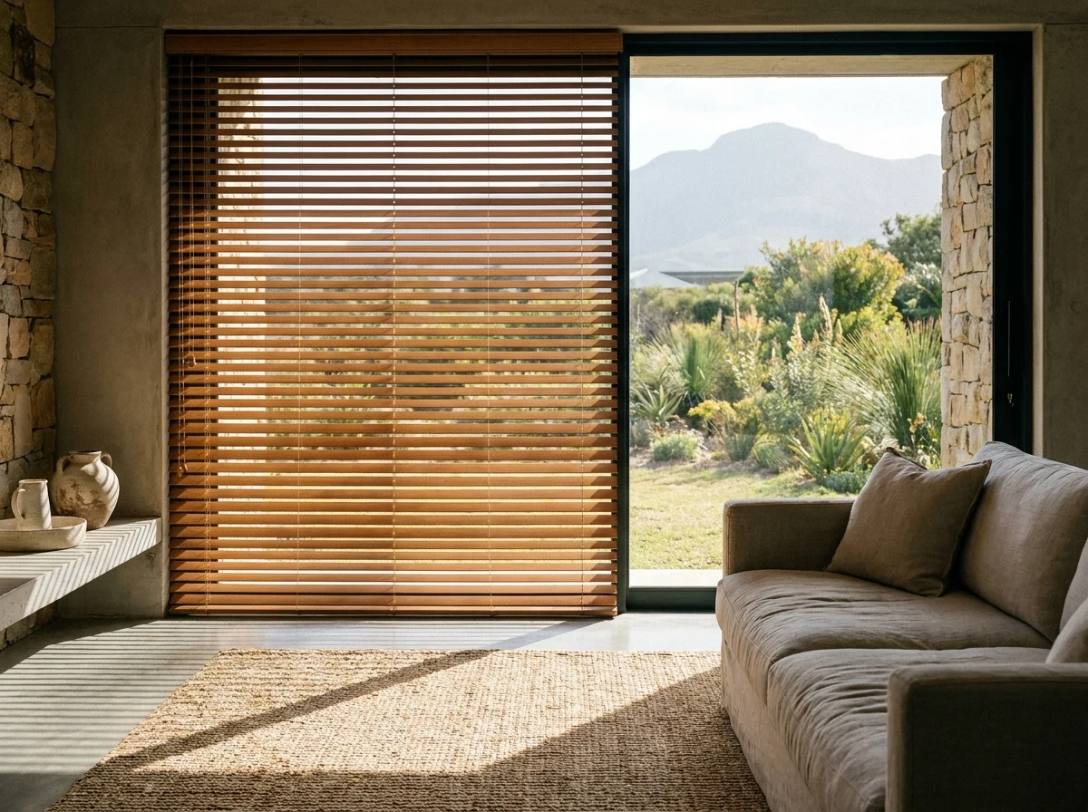 50mm timber venetian blind tilted open in a living room