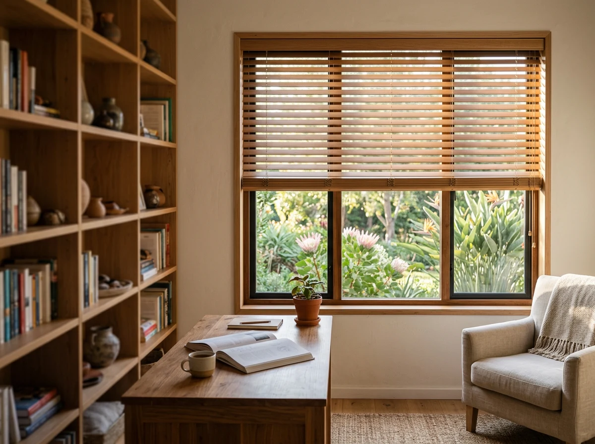 50mm timber venetian blind fitted in a home study window