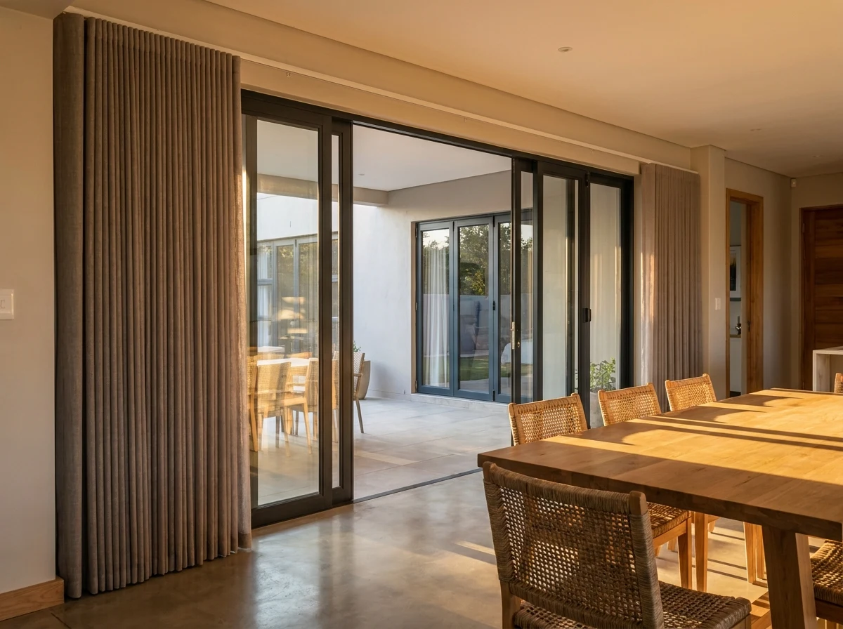 Vertical blind vanes stacked at a dining room stacking door
