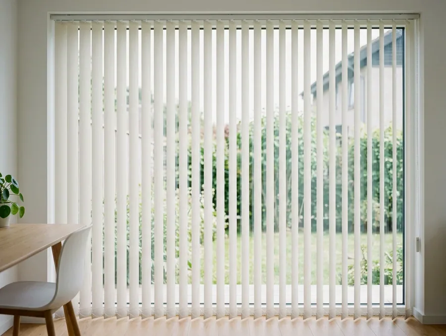 Vertical blind vanes hanging across a wide sliding door in a Waterkloof home