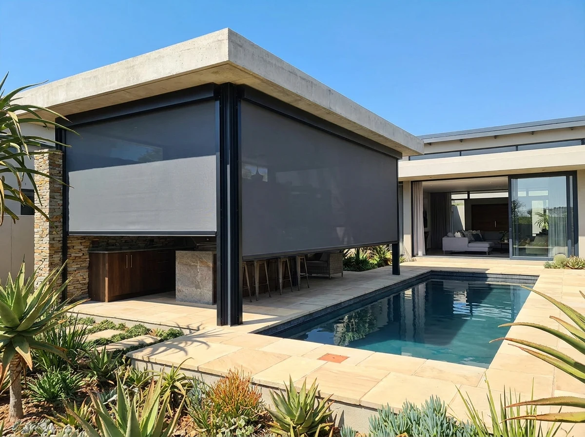 A zip screen fitted beside a pool bar opening