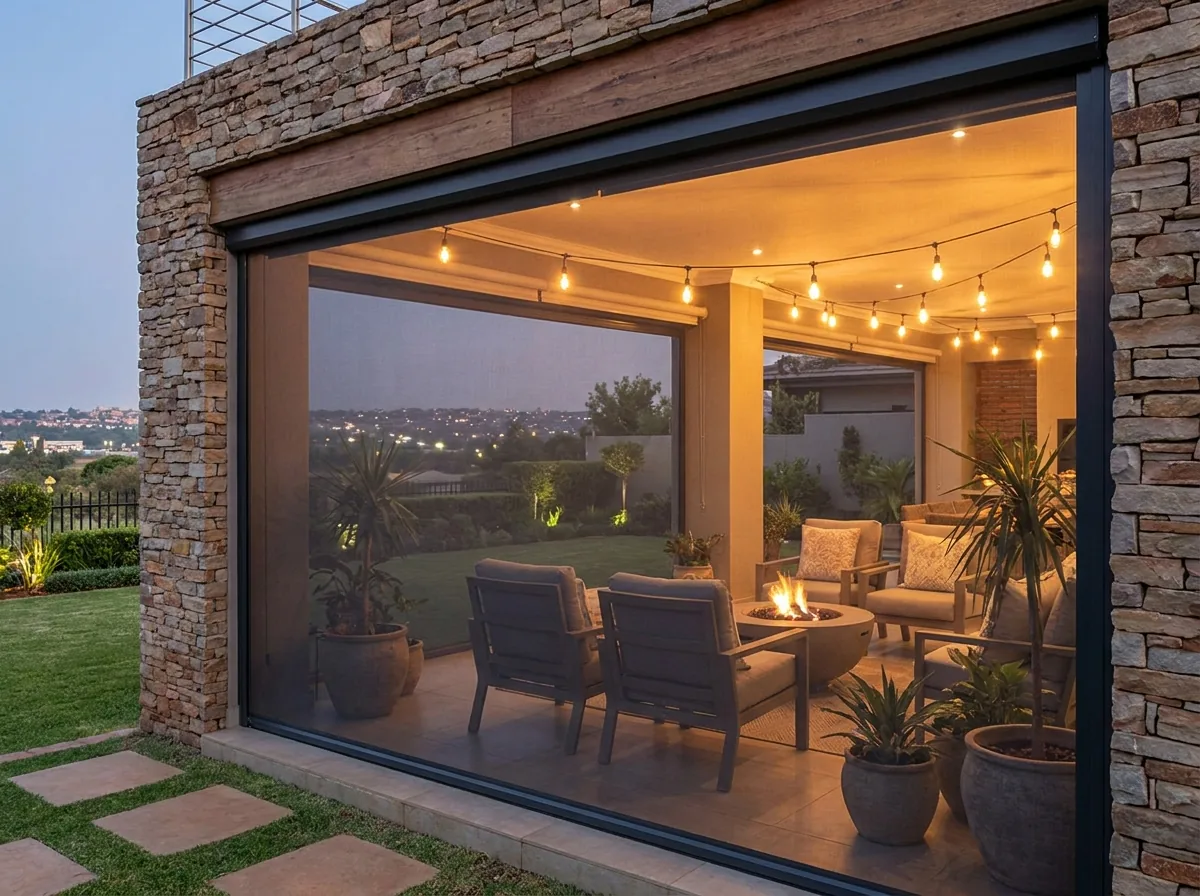Zip screen with taut mesh in side channels across a Waterkloof alfresco area at dusk, warm string lights above